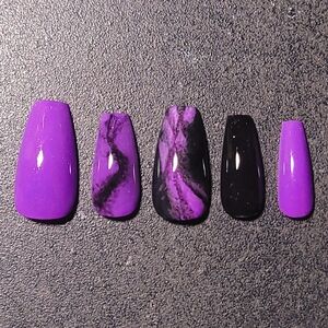 Custom Gel Press on Nails fake nails handmade 10pc set Purple Black Marble
